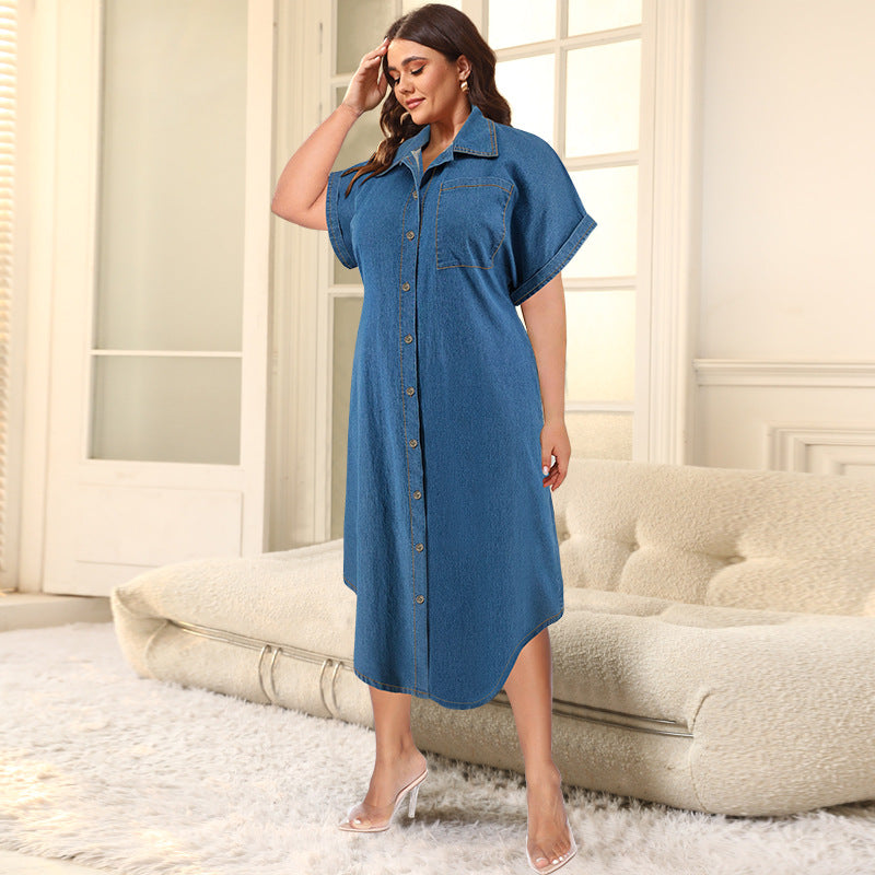 Plus Size Denim Short Sleeved Button Mid Length Width Dress