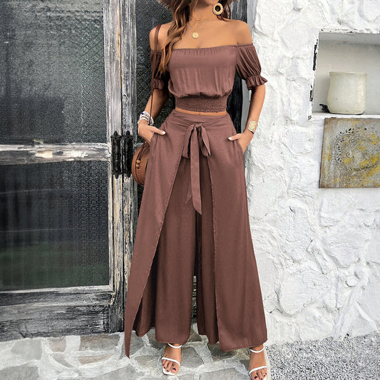 CKK Solid Color Cropped Top Wide Leg Pants Suit