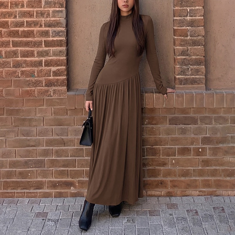 Casual Laid Back Solid Color Half Collar Stitching Long Sleeve Dress  Shop One Place