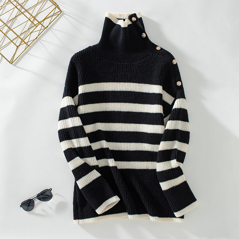 Striped Collared Pullover Casual Button Sweater