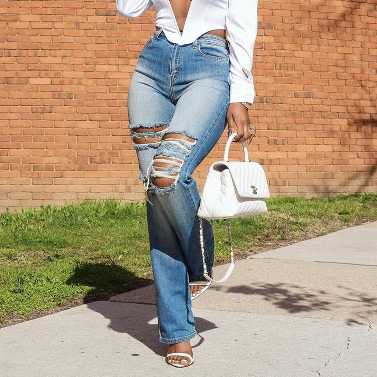 Women's Slim Fit Ripped Washed Denim Trousers  Shop One Place