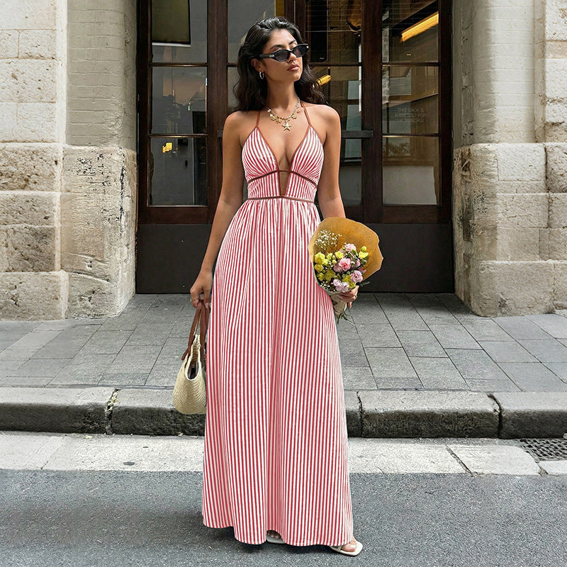 Summer V neck Striped Holiday Dress Elegant Backless Sleeveless Halter Maxi Dress Women  Shop One Place