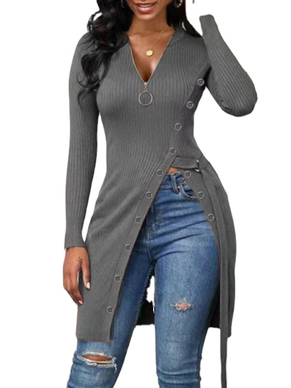 Autumn Winter Women Clothing V-neck Long Sleeve High Slit Thread Zipper T-shirt Top  Shop One Place