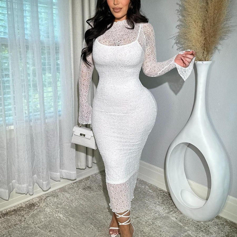 Women Clothing Summer Sexy Slim Fit Lace See through Long Sleeve Dress  Shop One Place