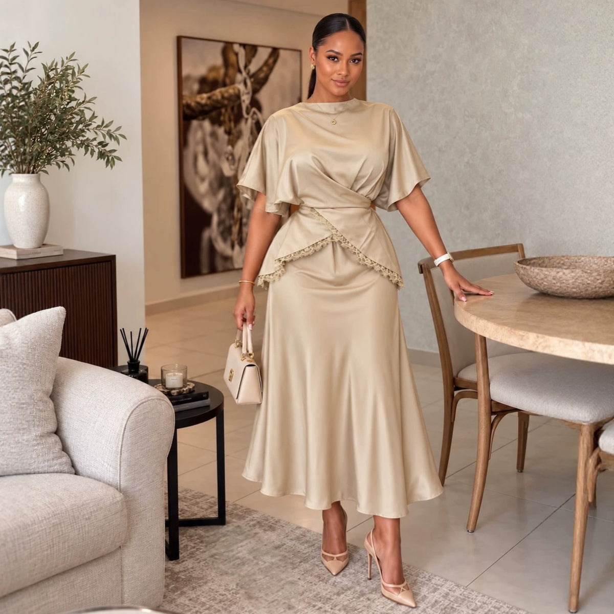 Women's Lace Trim Top & High Waist Midi Skirt Set – view 7