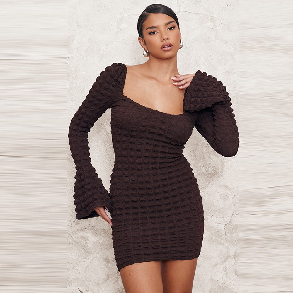 Seersucker Hollow Out Cutout Corset Horn Long Sleeve Dress