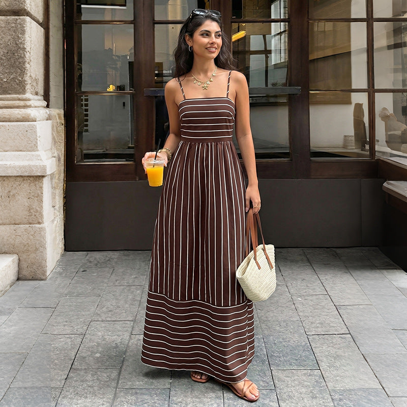 Casual Vacation Striped Spaghetti Straps Backless Waist Trimming Dress  Shop One Place