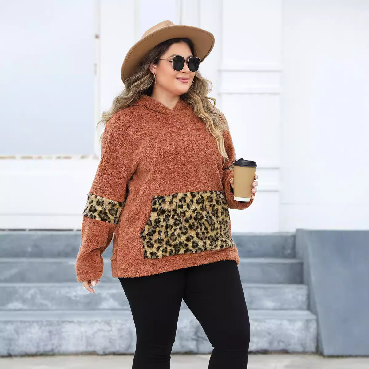 Plus Size Women Hooded Leopard Pocket Fleece Sweatshirt  Shop One Place