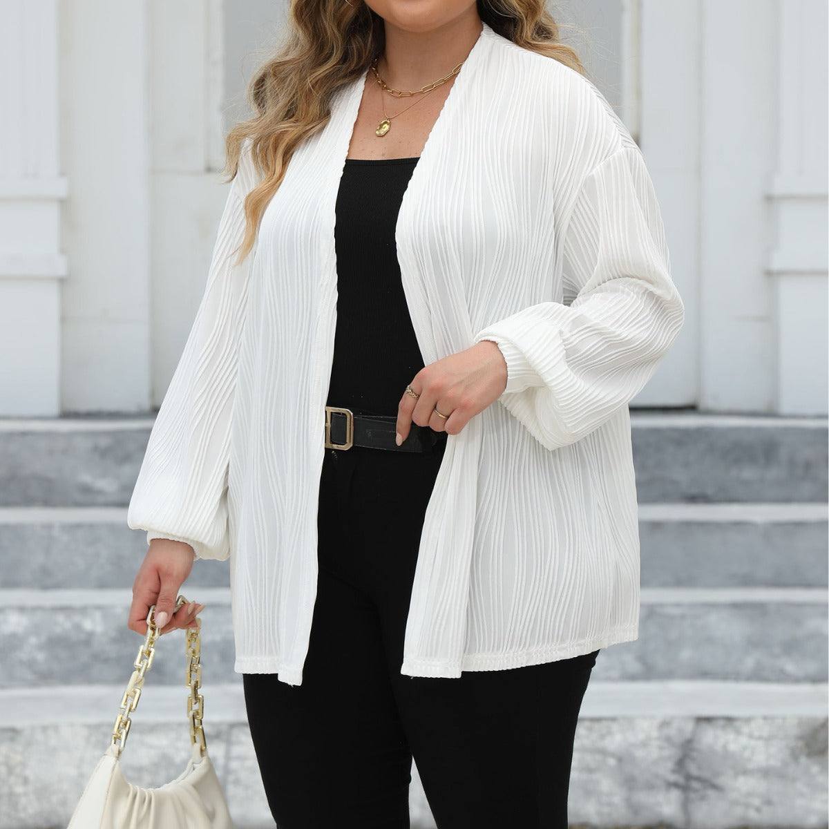 Plus Size Women Wave Striped Casual Loose Cardigan