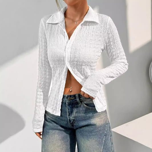 Elegant Ladies Solid Color Texture Long Sleeve Blouse  Shop One Place
