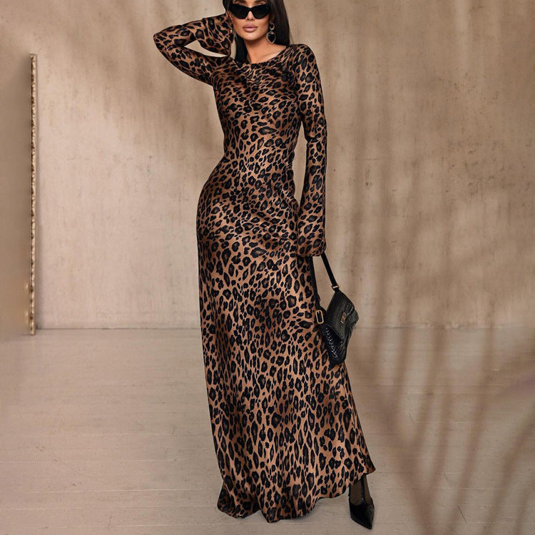 Round Neck Long Leopard Print High Waist Slim Fit Dress