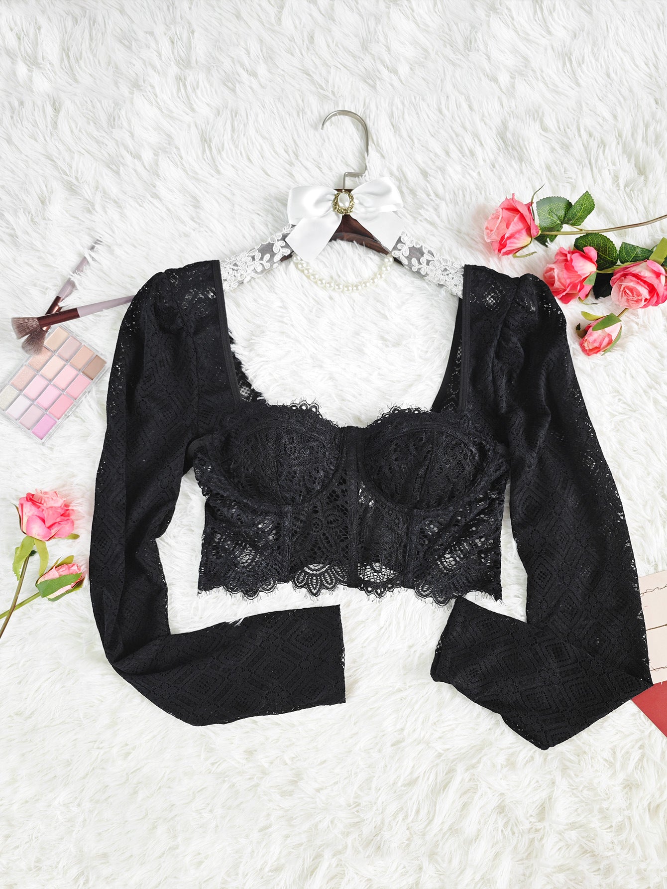 Long Sleeve Mesh Lace Top Hollow Out Cutout out See-through Slim Sexy Short  Shop One Place