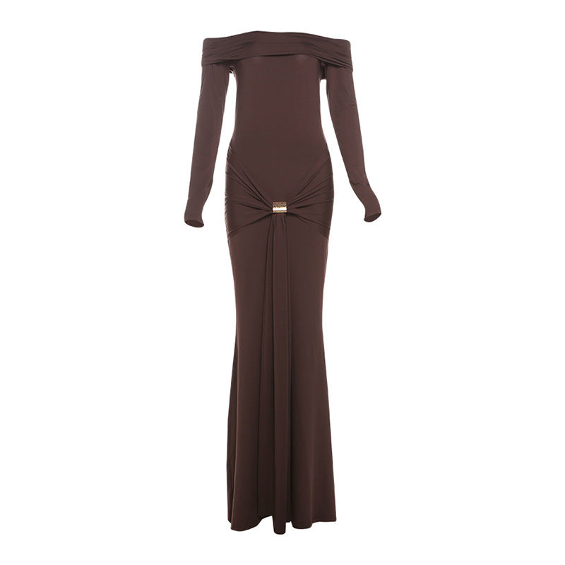 Off Shoulder Solid Color Long Sleeve Slim Sheath Dress