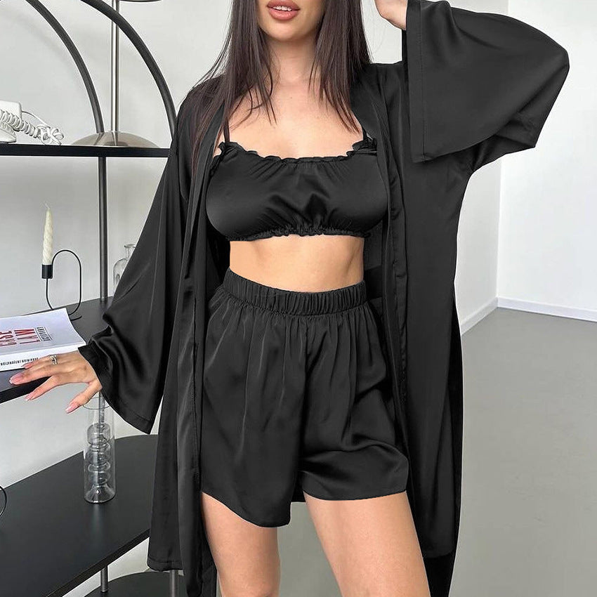 Silk like Three Piece Long Sleeve Nightgown Underwear Shorts Ladies Pajamas