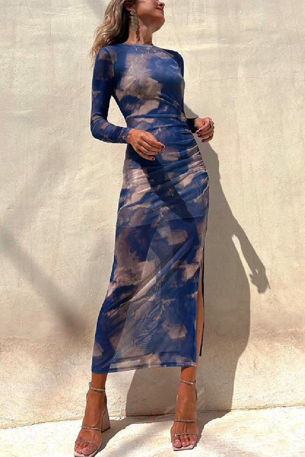 Autumn Mesh Sexy Print Slim Stretch Long Sleeve Dress  Shop One Place