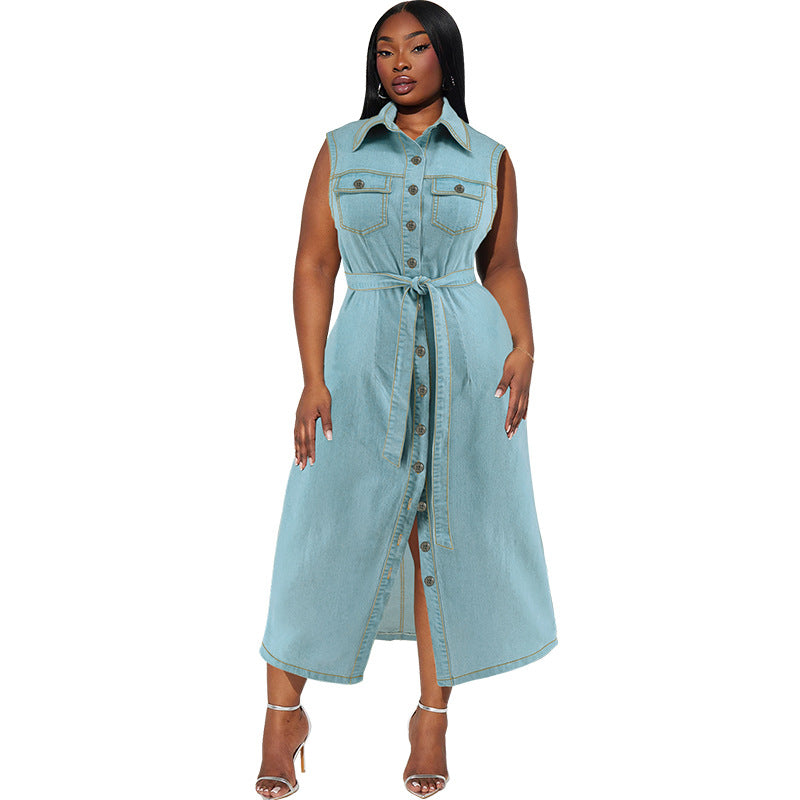 Plus Size Collared Sleeveless Denim Long Dress