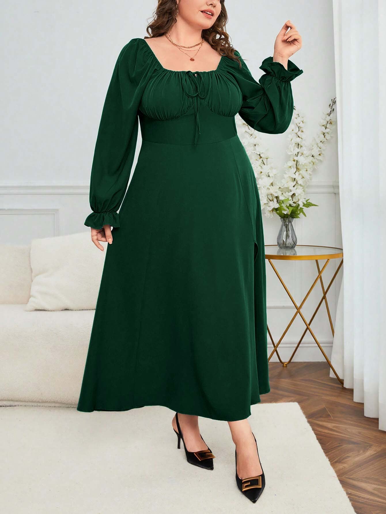 Plus Size French Elegant High Waist Slit Square Collar Midi Dress