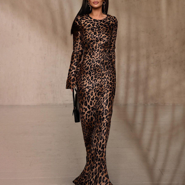 Round Neck Long Leopard Print High Waist Slim Fit Dress