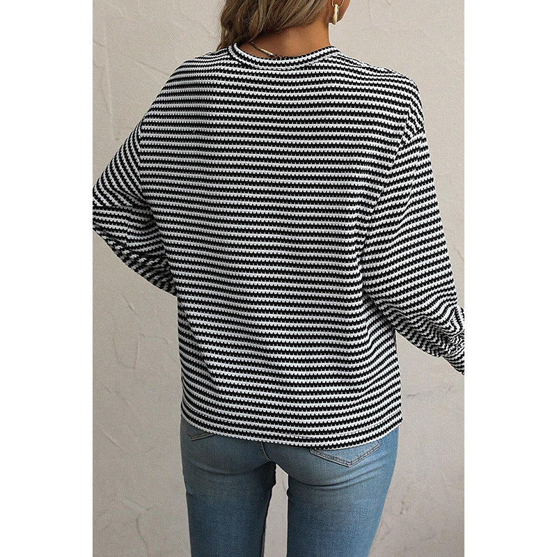 Autumn Striped Color Block Crew Neck Pullover Women Office All Matching Drop Shoulder Long Sleeve T Shirt Women