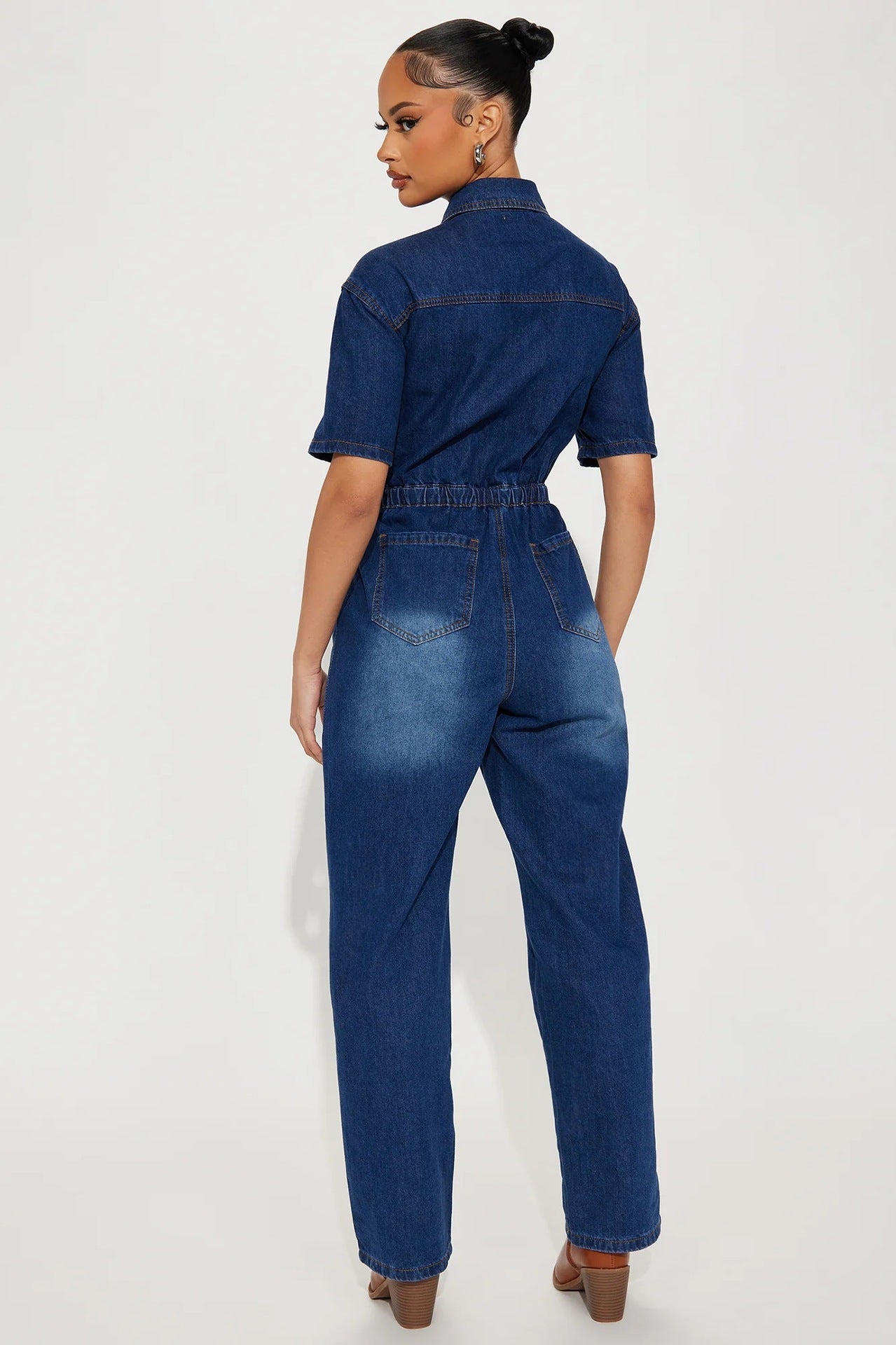 Slim Fit Stretch Short Sleeved Ankle Wash Denim Jumpsuit