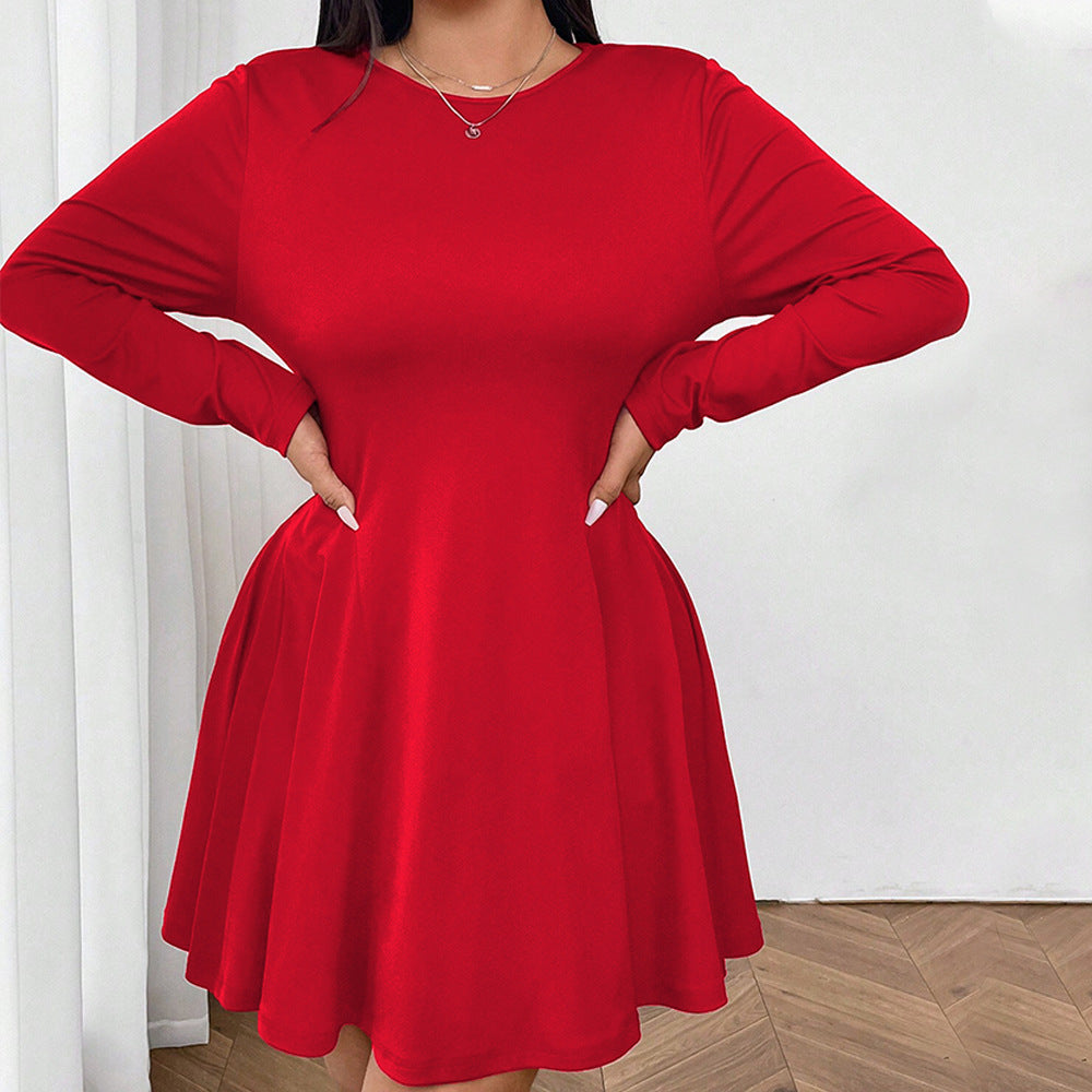 Plus Size Simple Red High Waist Slim Fit Midi Dress