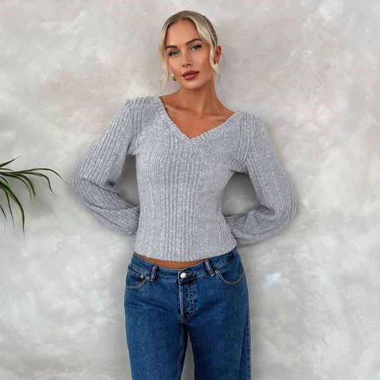 Lantern Sleeve Slim V-Neck Blouse  Shop One Place