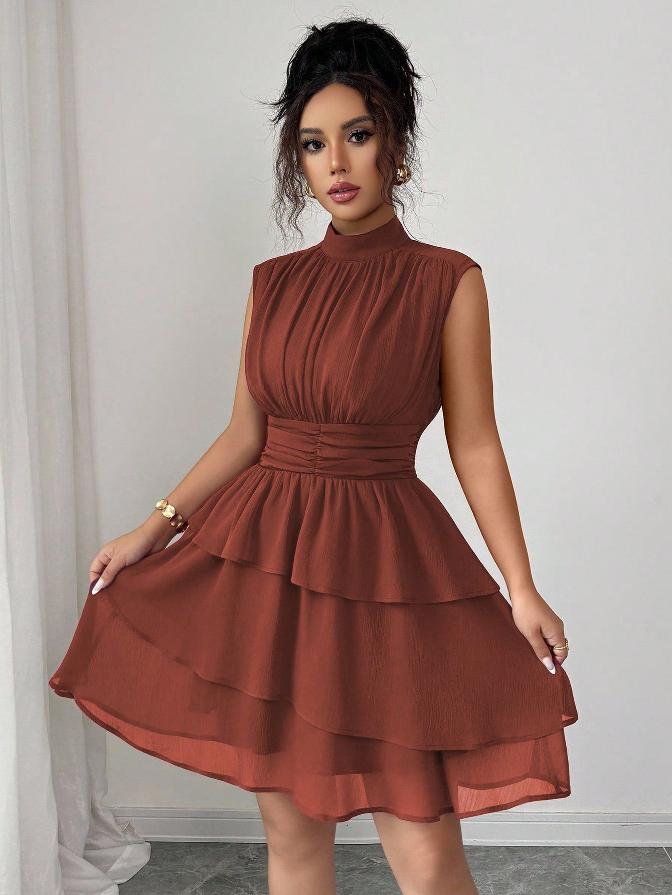 Casual Half Turtleneck Sleeveless Waist Solid Color Cake Layer Short Dress  Shop One Place