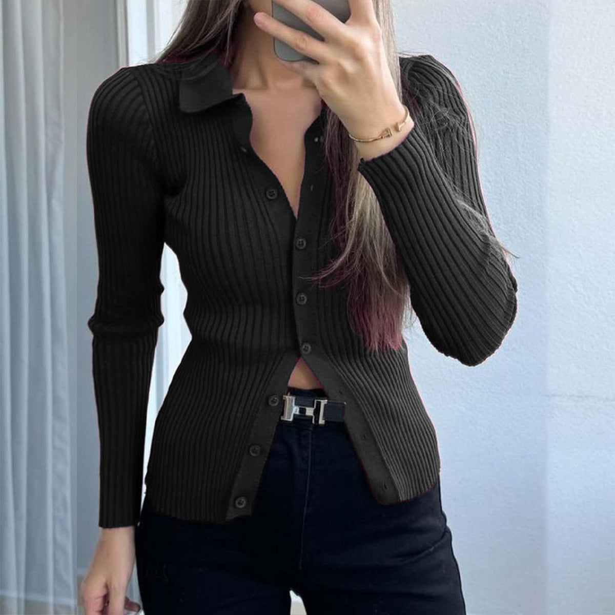 Solid Color Ribbed Long Sleeved Shirt  Shop One Place
