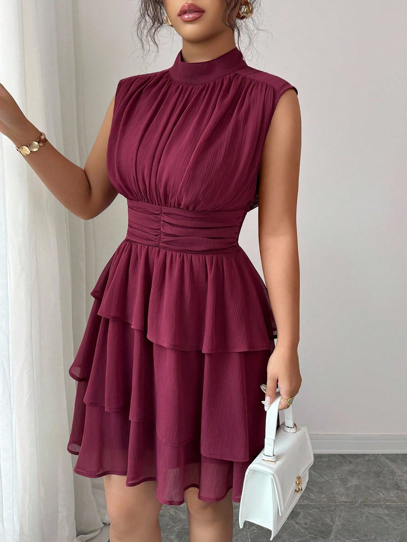 Casual Half Turtleneck Sleeveless Waist Solid Color Cake Layer Short Dress  Shop One Place