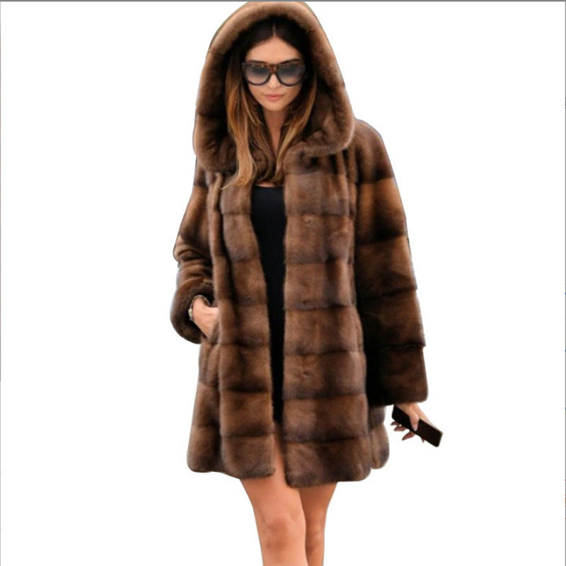 Mid Length Hooded Artificial Mink Coat Fur