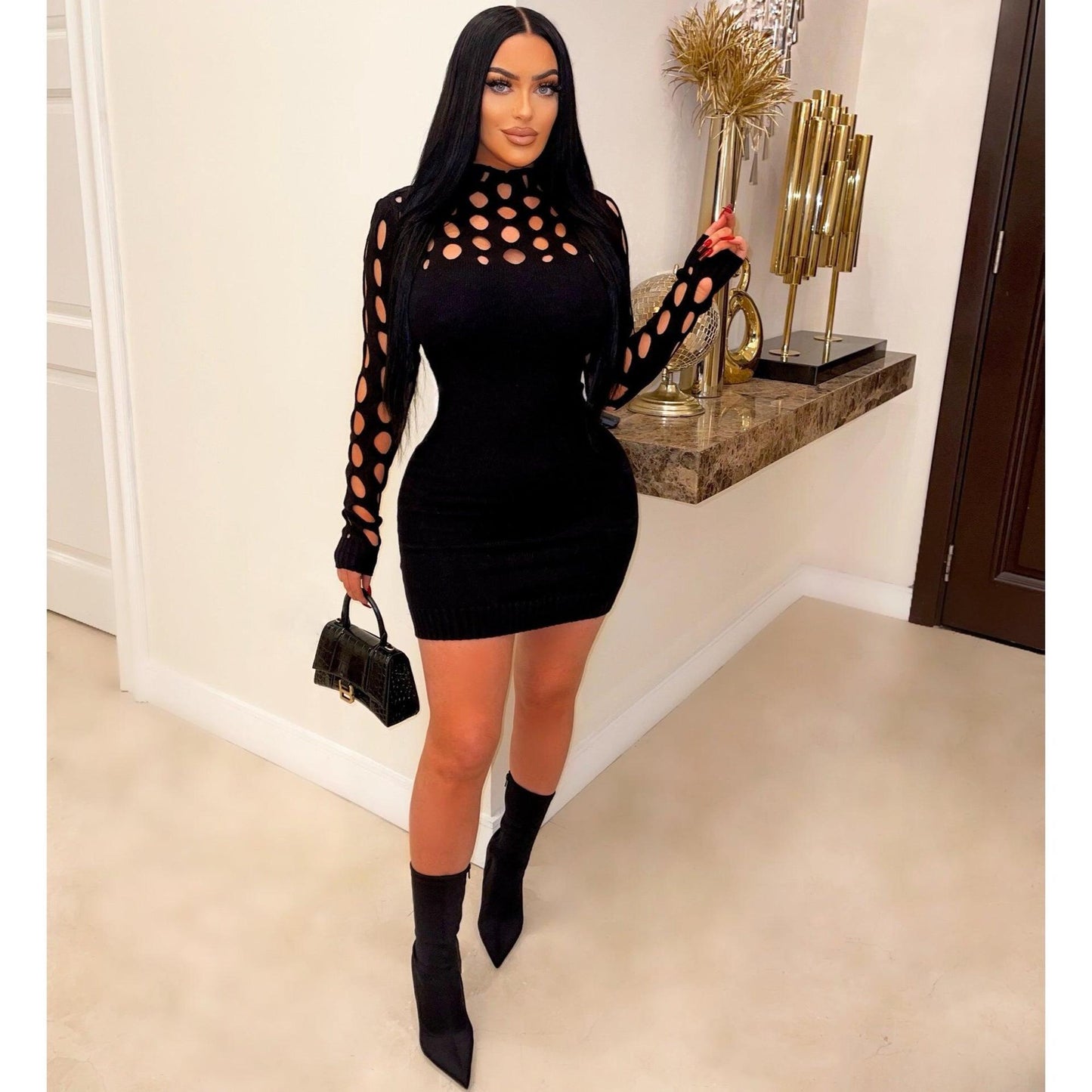Women Clothing Sexy Knitted Dress Hollow Out Cutout Long Sleeve Tight Woolen Dress  Shop One Place
