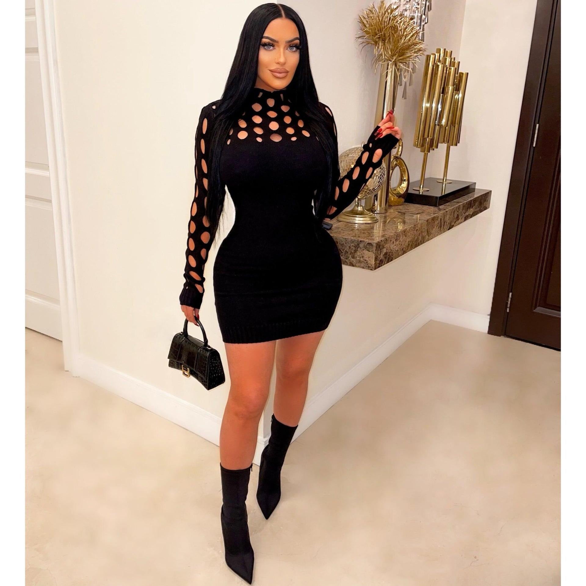Women Clothing Sexy Knitted Dress Hollow Out Cutout Long Sleeve Tight Woolen Dress  Shop One Place