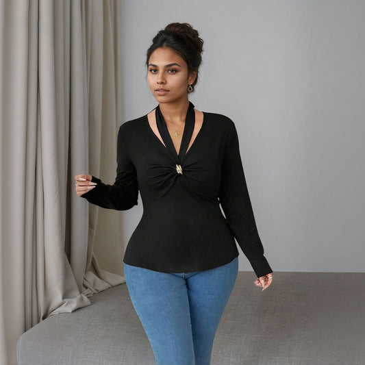 Deep V Halter Neck Knitted Top with Metal Clasp