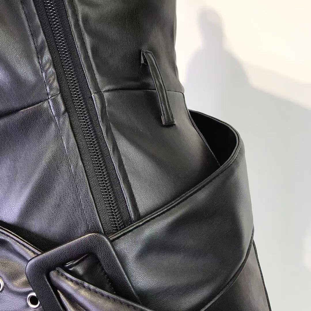 High Waist Faux Leather Wide Leg Pants with Metal Belt