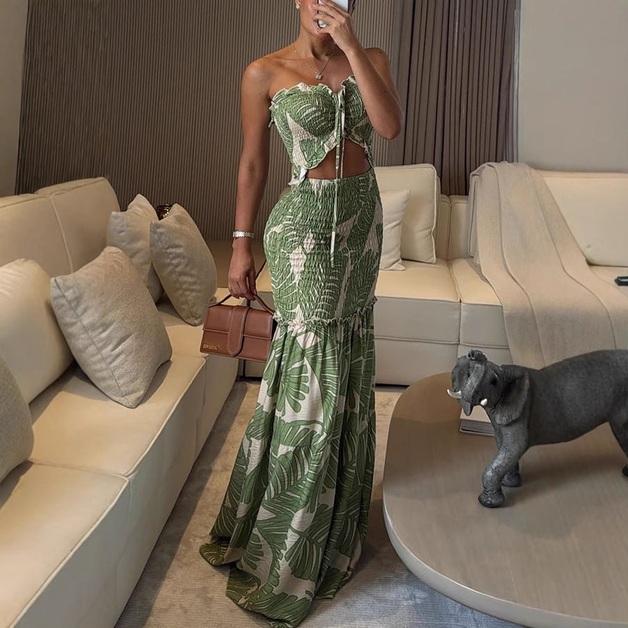 Spring Summer Halter Neck Printed Pleated Dress  Shop One Place