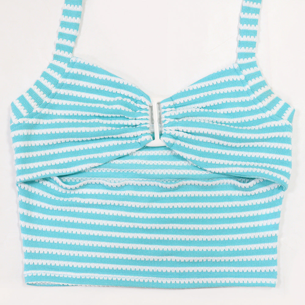 Knotted Short Sexy Top Match Slim Fit Pencil Pants Two-Piece Jacquard Stripes  Shop One Place