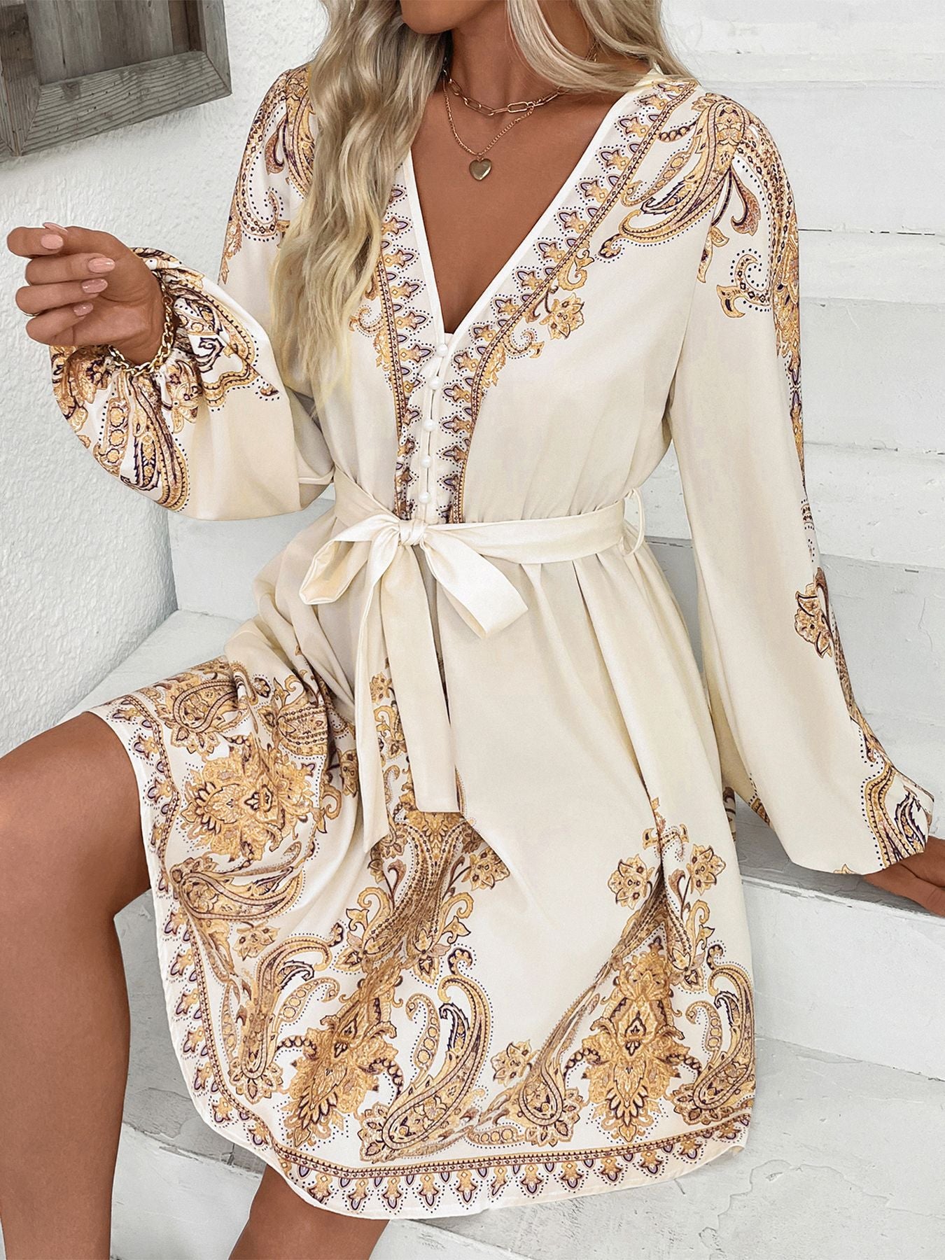 Women Elegant Ethnic Retro V neck Paisley Printing Dress  Shop One Place