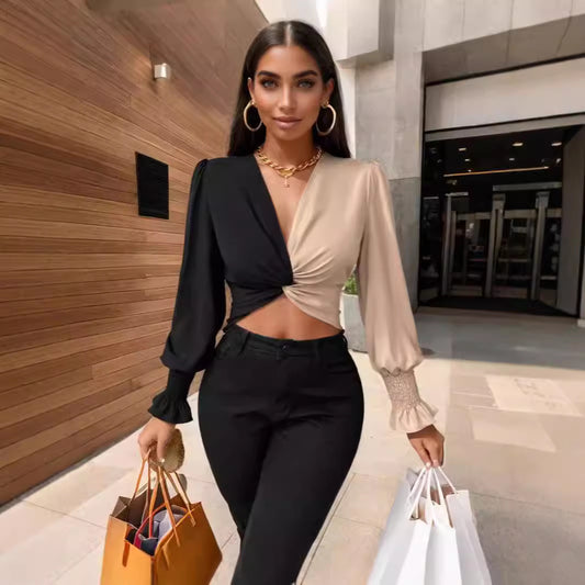 Color Block Stitching Front Twist V Neck Top  Shop One Place
