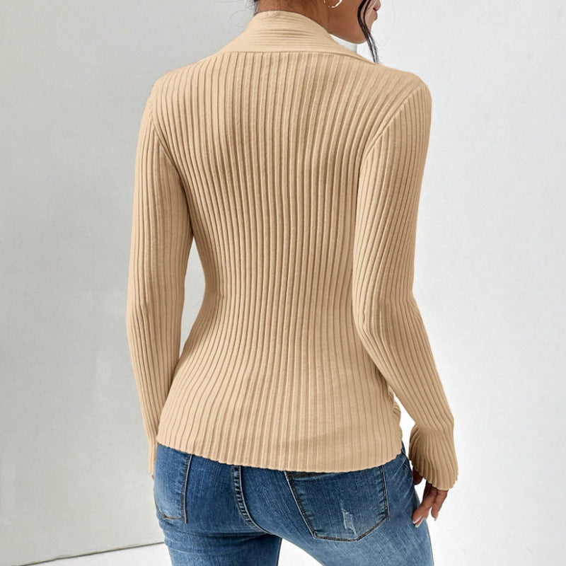 Thread Slit Hemline at Hem Long Sleeve Solid Color Slim Fit Sweater