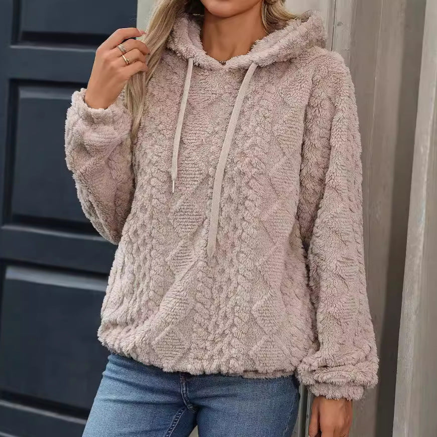 Plush Jacquard Fabric Long Sleeve Loose Hooded Pullover Sweater - Shop One Place
