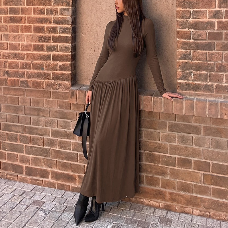 Casual Laid Back Solid Color Half Collar Stitching Long Sleeve Dress  Shop One Place