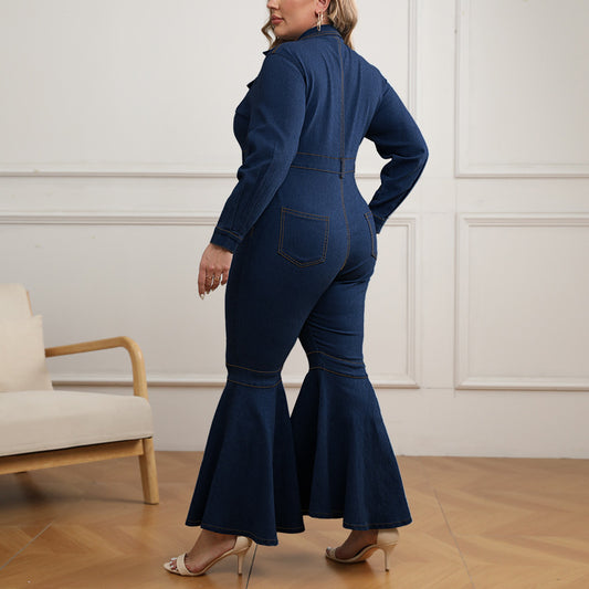 Plus Size Women Denim Zipper Collared Long Sleeve Flared Jumpsuit  Shop One Place