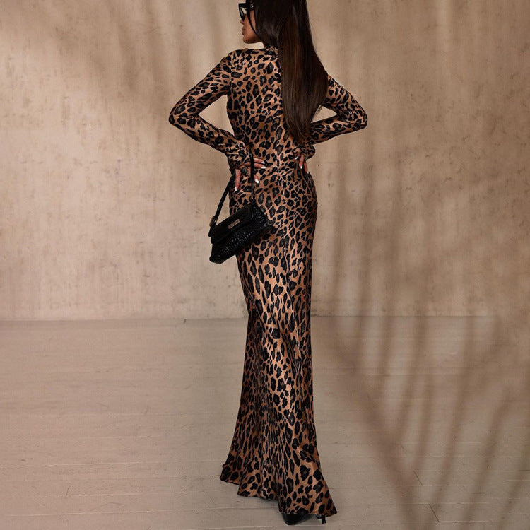 Round Neck Long Leopard Print High Waist Slim Fit Dress