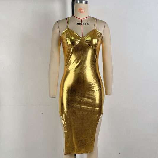 Bronzing Color Waist Tight Spaghetti Strap Dress  Shop One Place