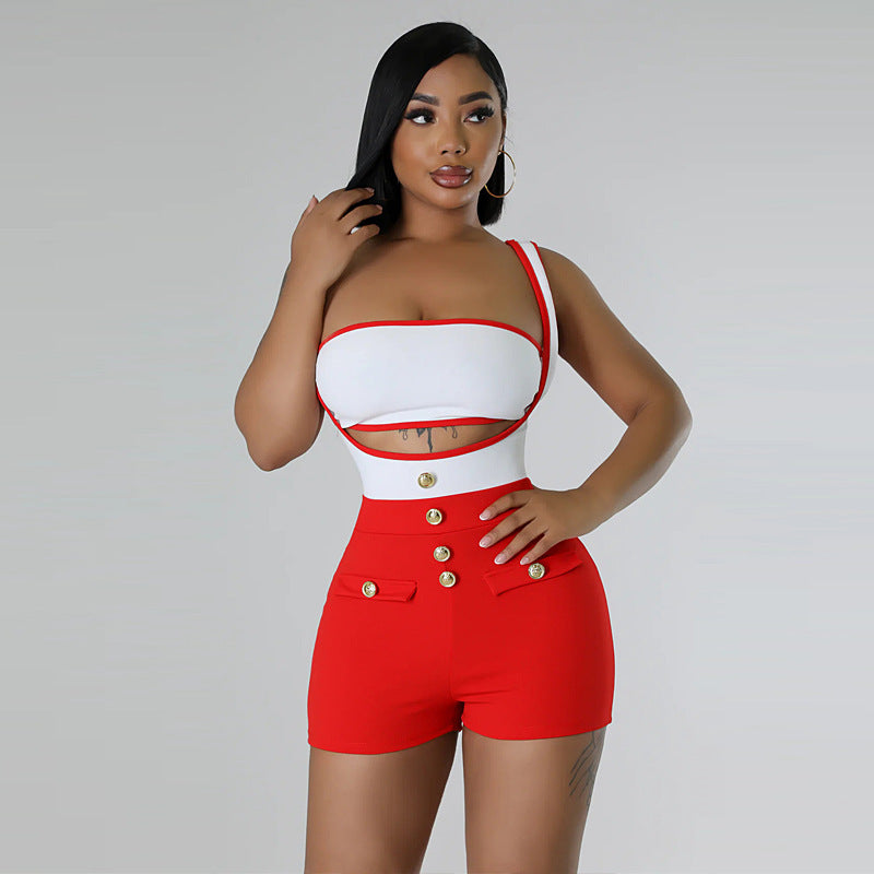 Women Clothing Color Matching Stretch Shorts Suit Summer Sleeveless Suspender Shorts Sexy Two Piece Suit