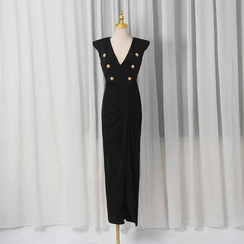 Spring V neck Sleeveless Design Split Dress Tight Waist Slimming Metal Decorative Dress Women  Shop One Place