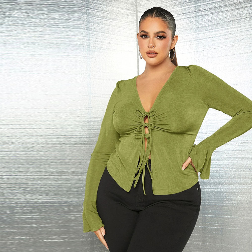 Plus Size Women's Slim Fit Lace up V neck Knitted Long Sleeves Shirt  Shop One Place