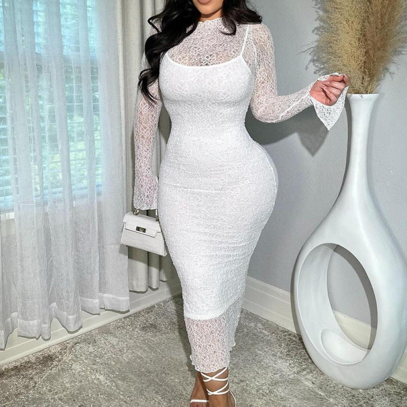 Women Clothing Summer Sexy Slim Fit Lace See through Long Sleeve Dress  Shop One Place