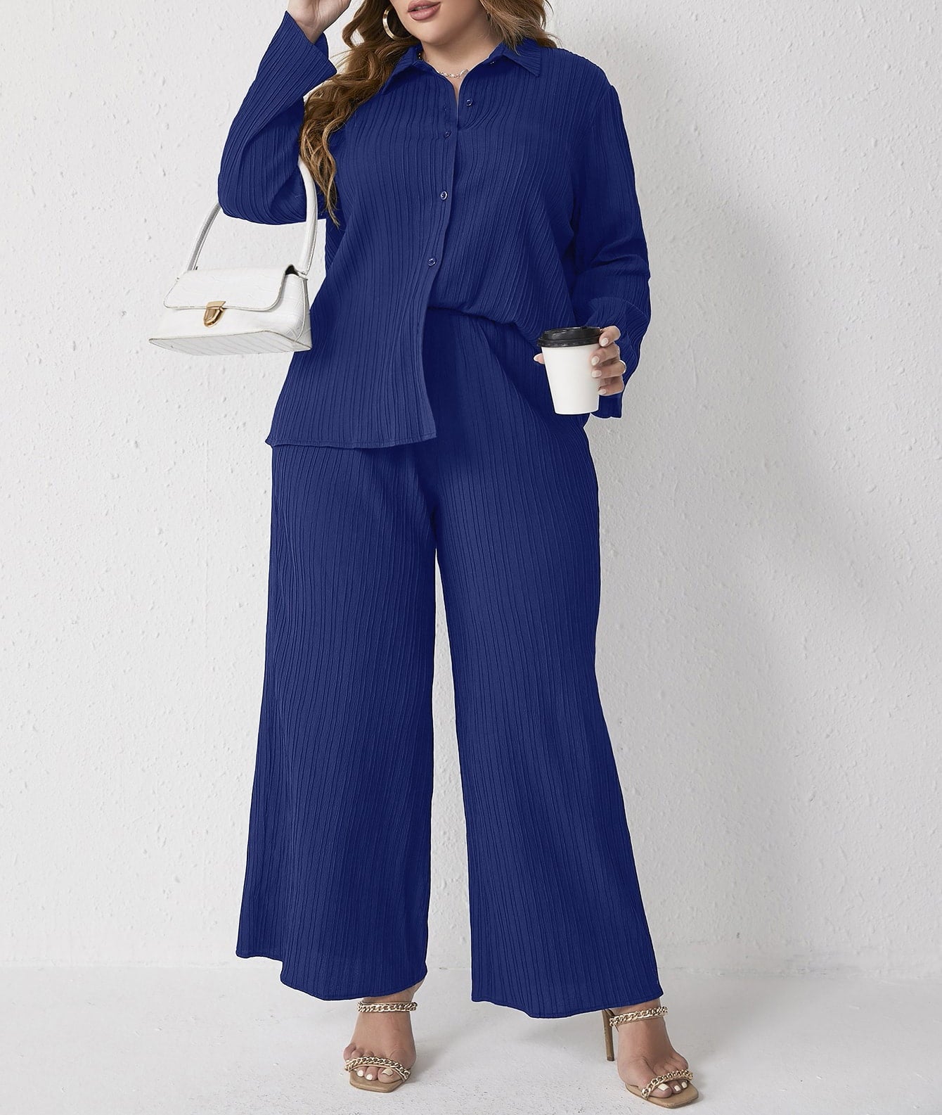 Plus Size Pleated Casual Loose Shirt High Waist Trousers Two Piece Set