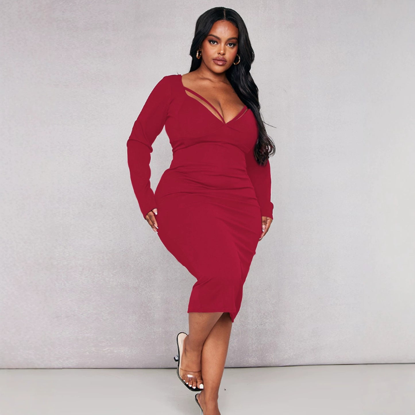Plus Size Women Clothing Sexy Thin Band V neck Long Sleeve Dress Slim Slimming Hip Wrapped Mid Length Dress  Shop One Place